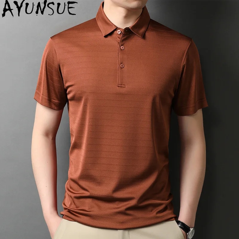 AYUNSUE 100% Real Mulberry Silk Polo Shirt Man 2026 Summer Fashion Short Sleeve Shirts Casual Men's Polo Shirts High Quality