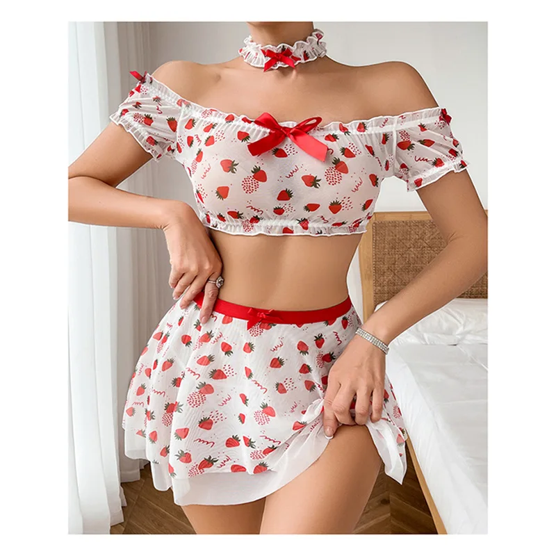 

Dourbesty Print 3 Pieces Exotic Sets Sleepwear Slash Neck Off Shoulder Tank Crop Tops with Thongs and Skirts Night Outfits 2025