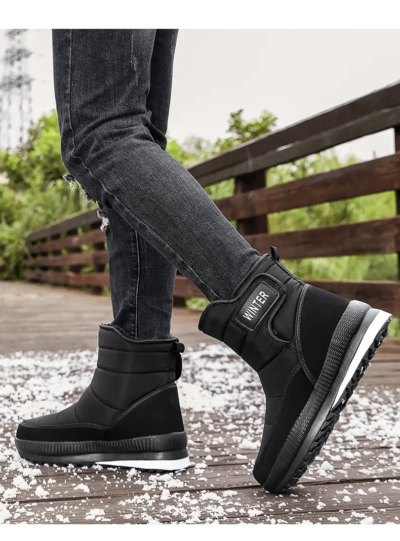 Winter New Men\'s High Top Plush Warm Big Size Cotton Boot Soft Sole Non Slip Waterproof Hook Outdoor Snow Boots