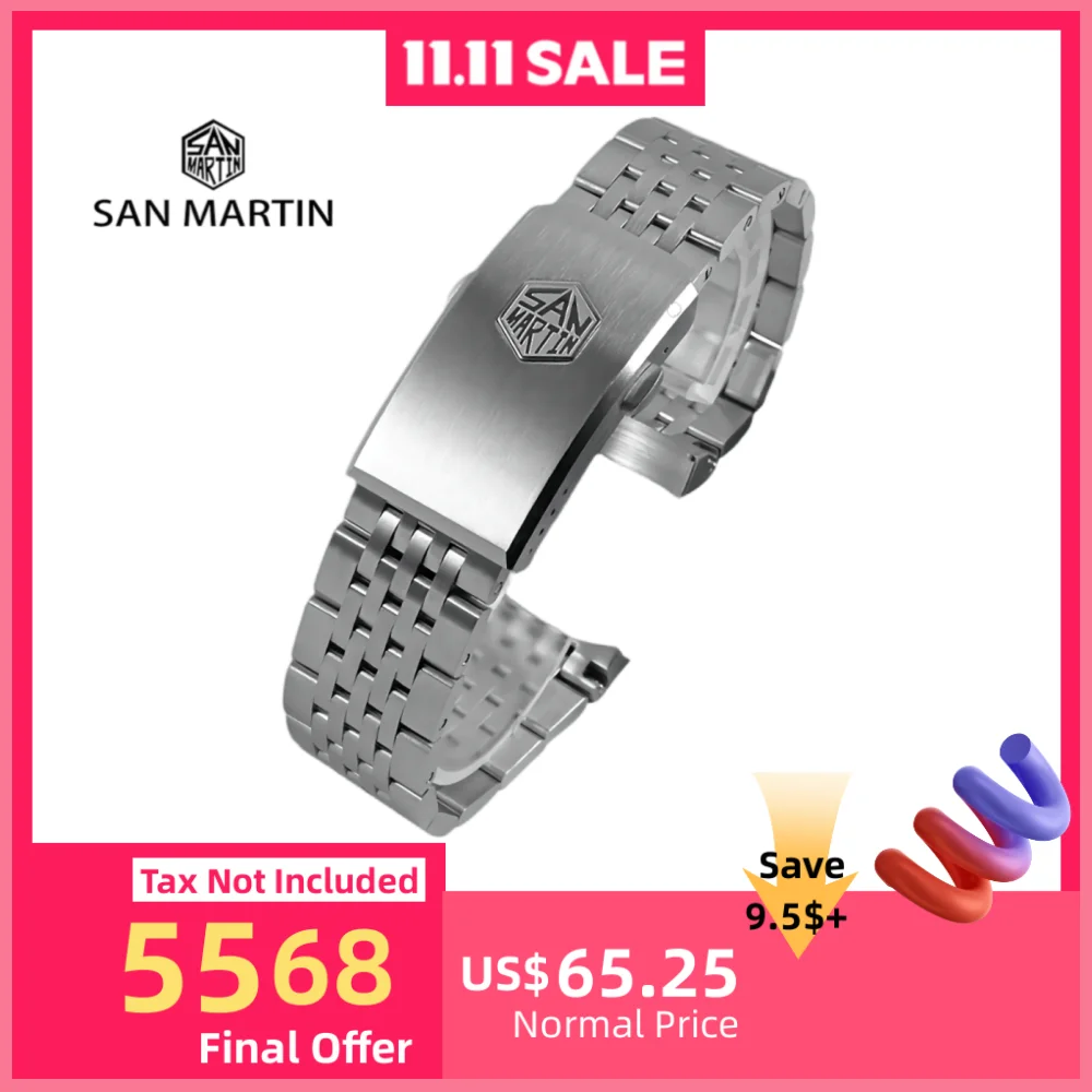 

San Martin Brushed Steel Bracelet 316L Stainless Steel Watchband 20mm For Men Watch Strap Rust Resistant Business Elite SN044