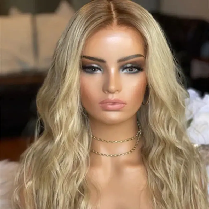 Ombre Golden Blonde Highlight Wig High Quality Synthetic HD Lace Front Wig Blend Human Hair Small/Large Size Cap Natural Wave