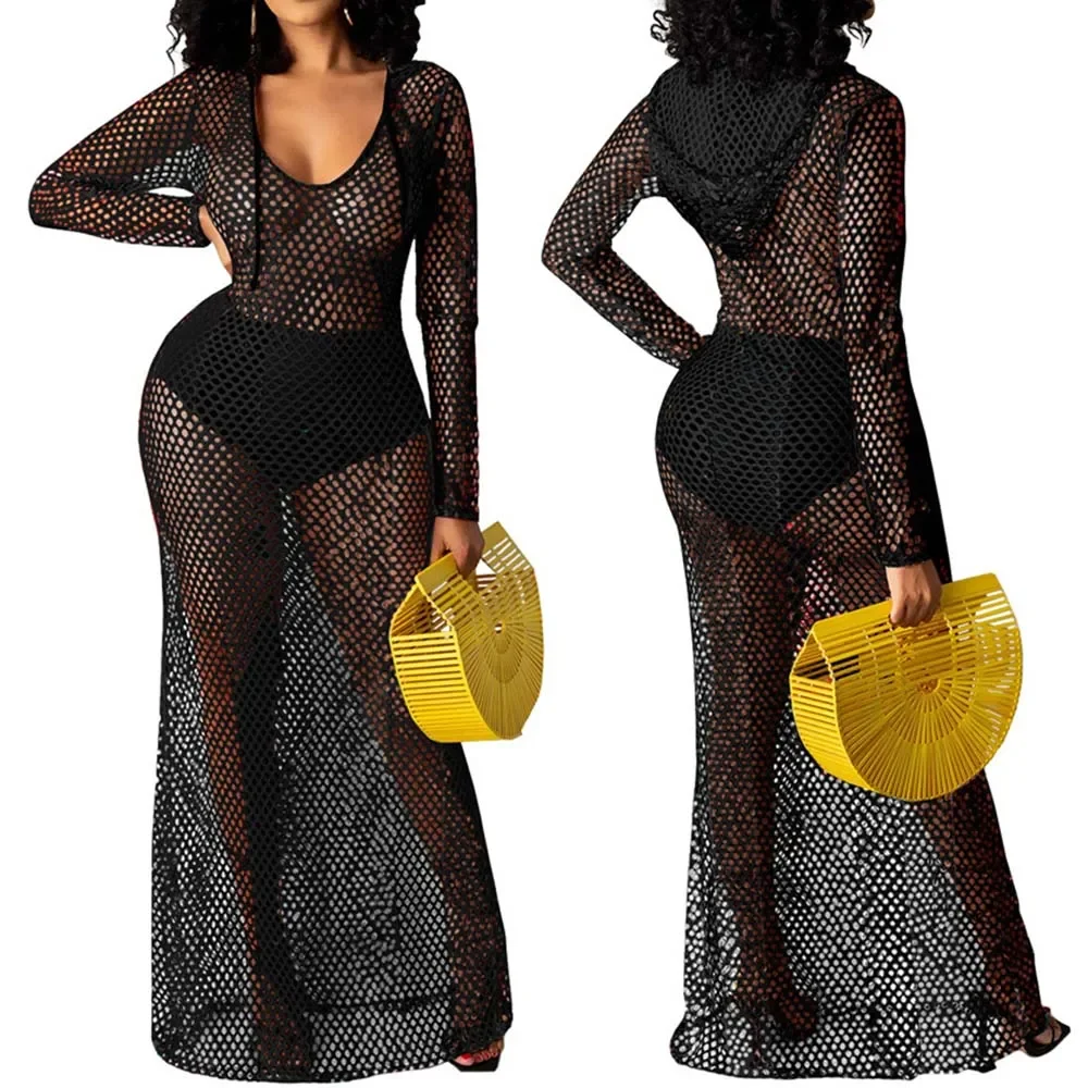 Summer Mesh Hollow Out Dresses Women Sexy See Through Long Sleeve Beach Cover Up Dress Women's Clothing Vintage Fishnet Dresses