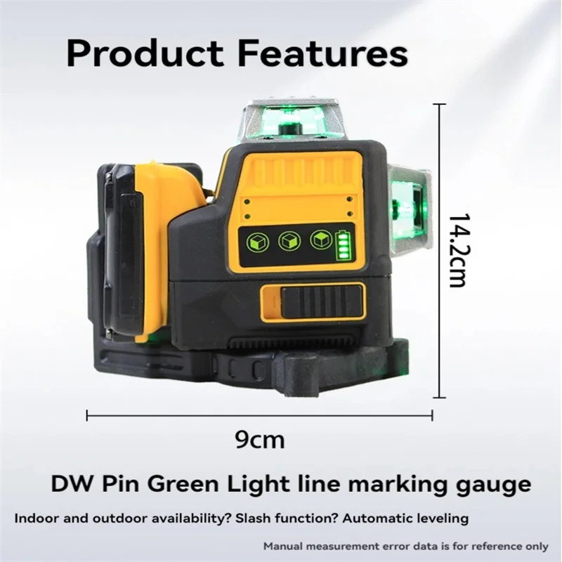 DW089LG 3 Sides*360 Degree Vertical Lines Laser Level Outdoor Horizontal Green Light Meter