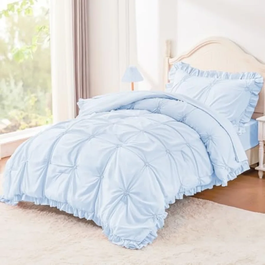 

Comforter Set for Girls Boho Pintuck Bedding Comforter Sets 4 Pieces Ruffles Jacquard Embroidery Bedding Sets with Comforter Fi