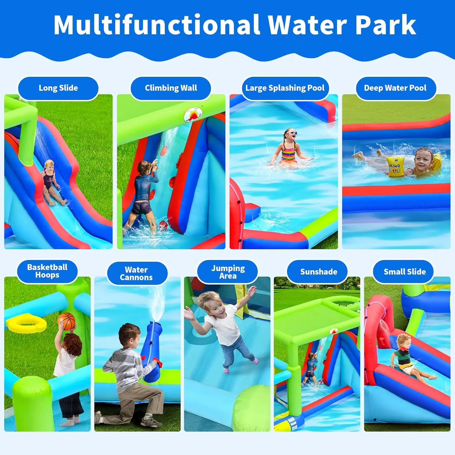 Inflatable Water Slide & Water Park with Blower, Dual Bounce House Jumping Castle with Sunshade, Climbing Wall & Basketball Hoop view 5