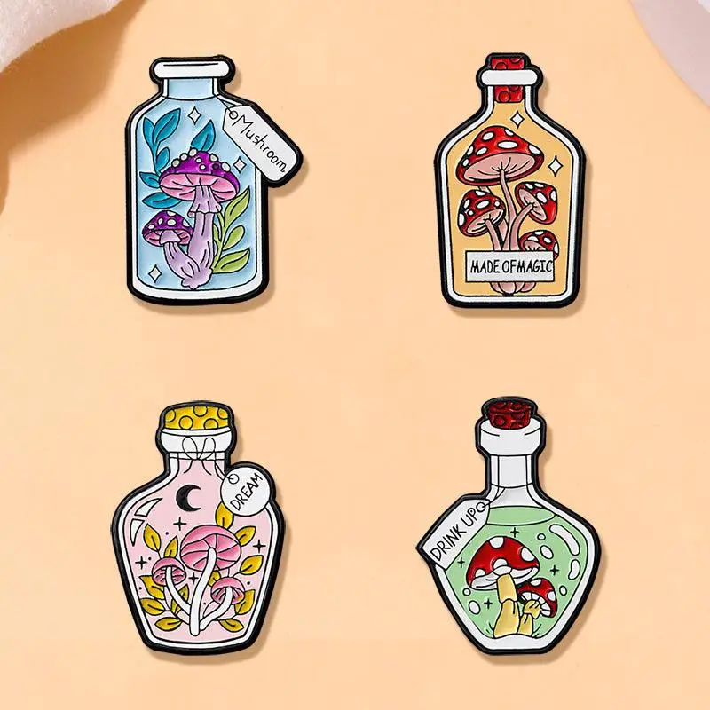 Cute Cartoon Glass Drifting Bottle Enamel Brooch Creative Comic Style Mushroom Lapel Pin Badge Backpack Clothing Hat Accessories