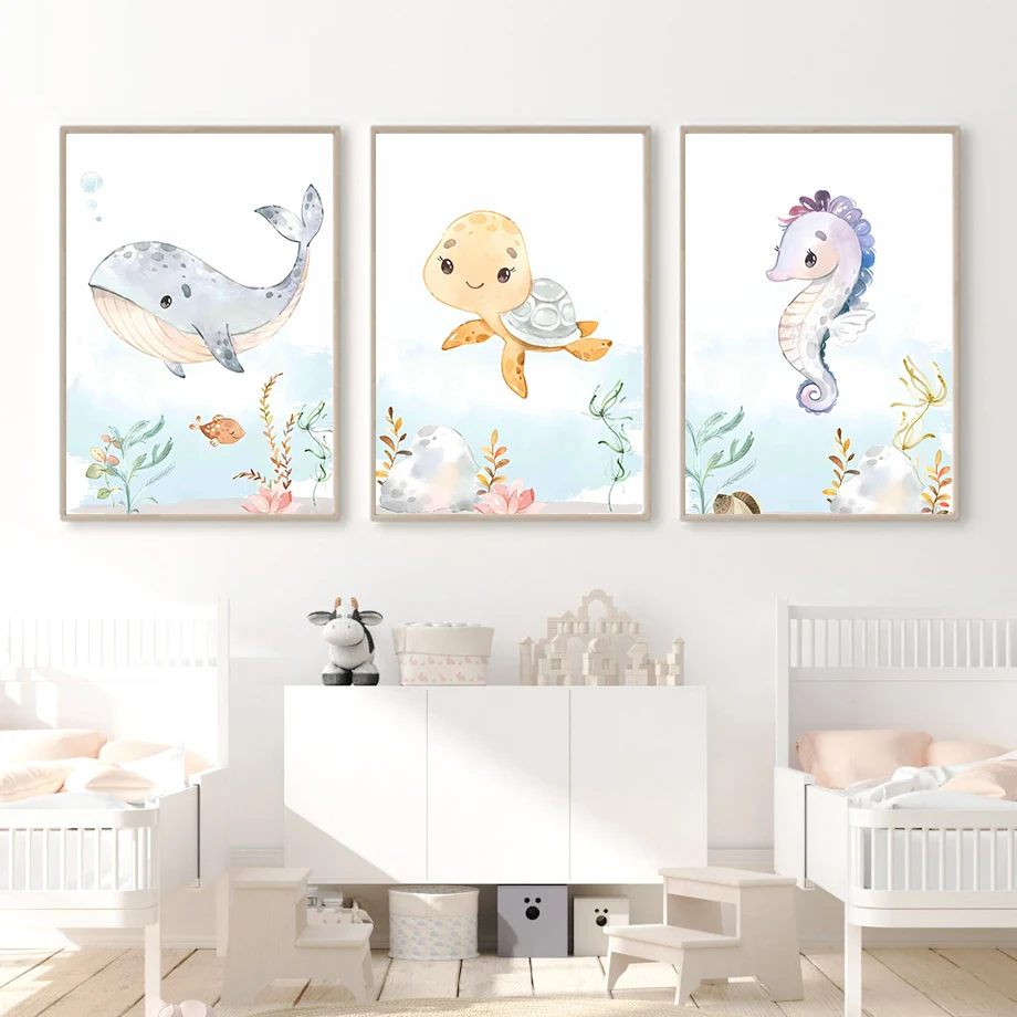 1pc frameless Canvas Painting Watercolor Marine Animal Nursery Wall Art Canvas Painting Whale Octopuse Turtle Posters And Prints