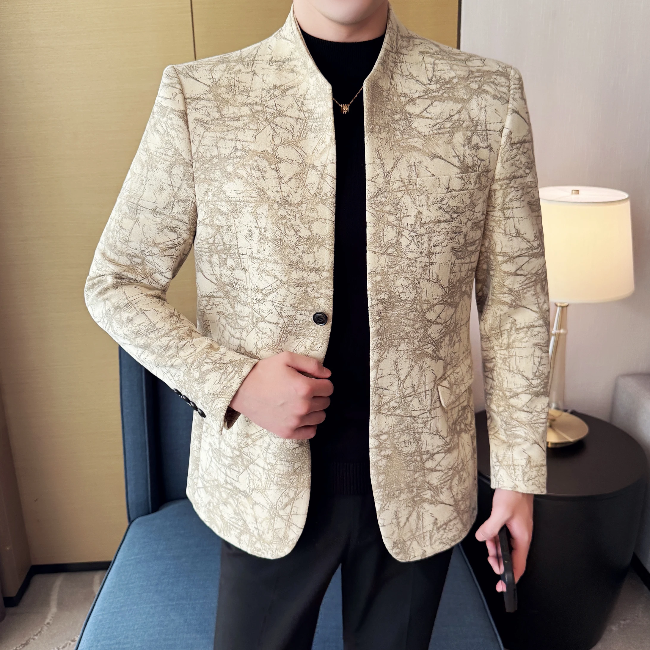 

High-quality Chinese-style stand-up collar jacquard fashionable and stylish casual suit jacket for men, Korean-style slim-fit su