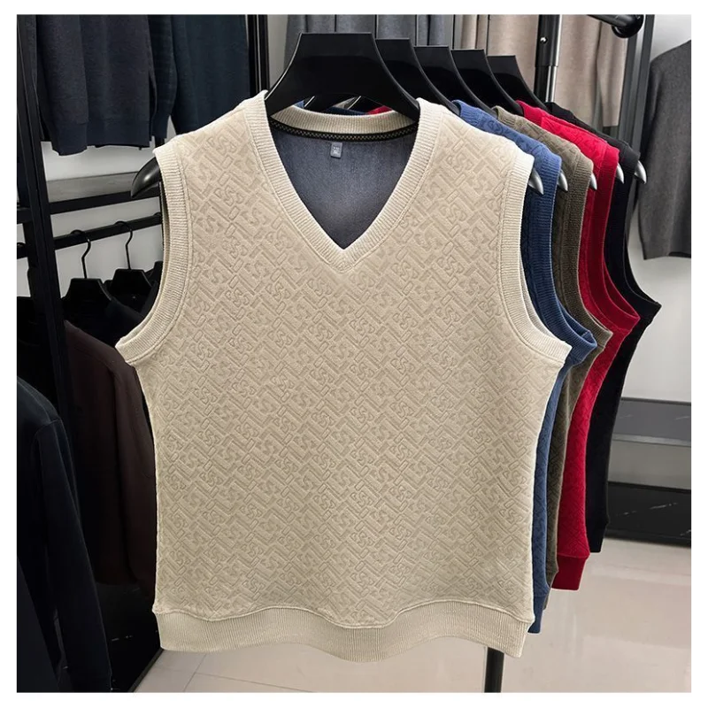 Men V Neck Fleece Lined Knit Vest Thick Warm Jacquard Sleeveless Pullover Waistcoat For Fall Winter