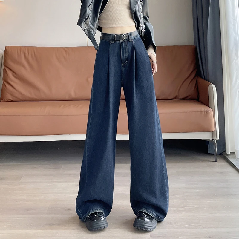 Fashion Casual Baggy High Waist Drape Wide Leg Jeans Loose Wash Straight Denim Pants Streetwear Vintage Women Trousers