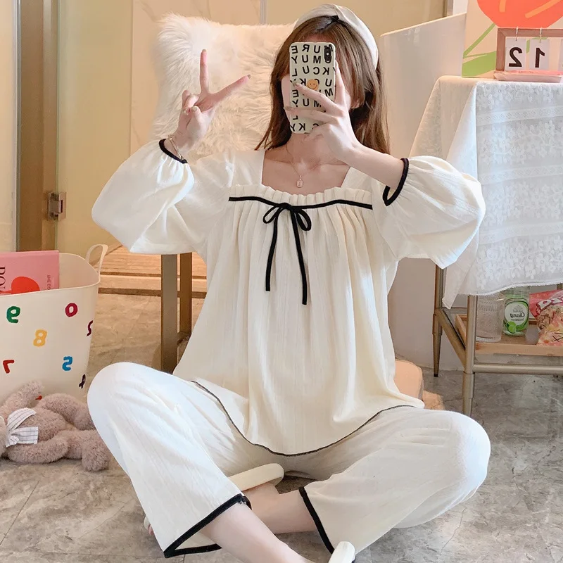 

2023 New Cotton White Hearts Printed Cotton Sleepwear Texture Cotton Spring Autumn Loose Size Kawaii Pajama Young Gril Pijamas