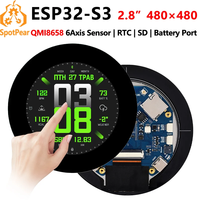 Waveshare ESP32-S3 2.8inch IPS Round LCD Display 480x480 QMI8658 Sensor / MIC / SD /MP3 Audio /Battery Port LVGL/HMI For Arduino