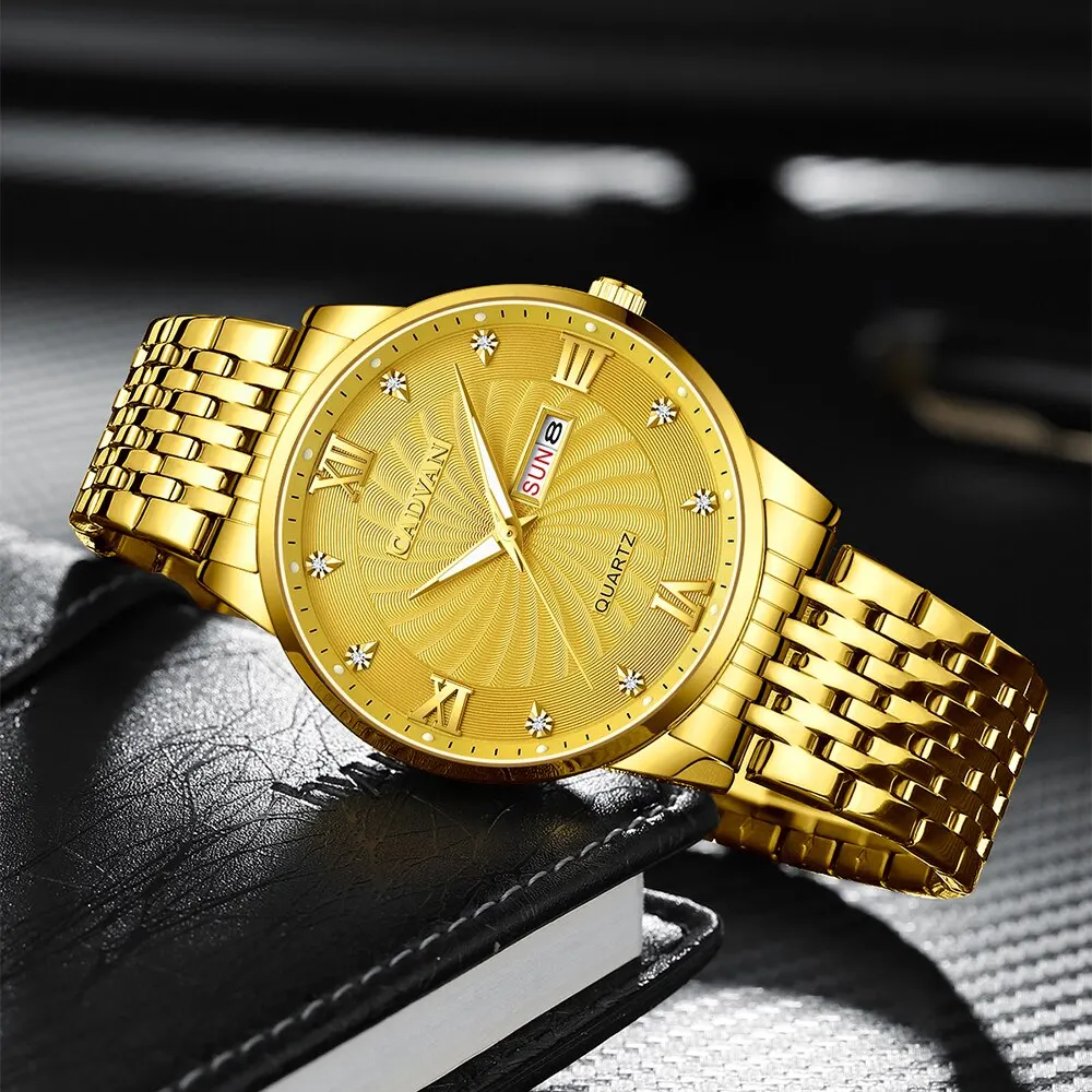 Cadvan Gouden Luxe Heren Horloge Rvs Date Klok Mannen Sporthorloges Mannen Quartz Casual Polshorlogio Relogio Masculino