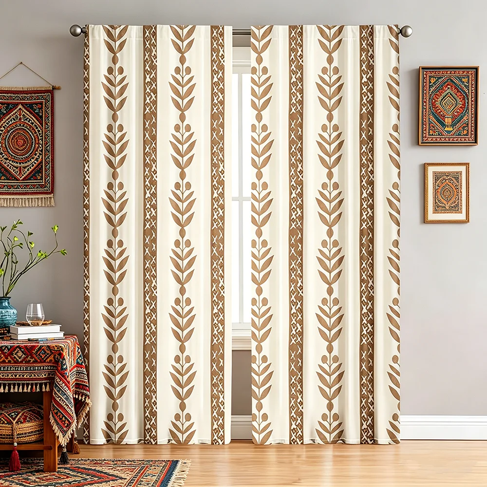 2PCS Digital Printing Curtains, Warm Brown Geometric Leaf Wheat Stripe Pattern, Bohemian Farmhouse Style Kitchen Window Decor
