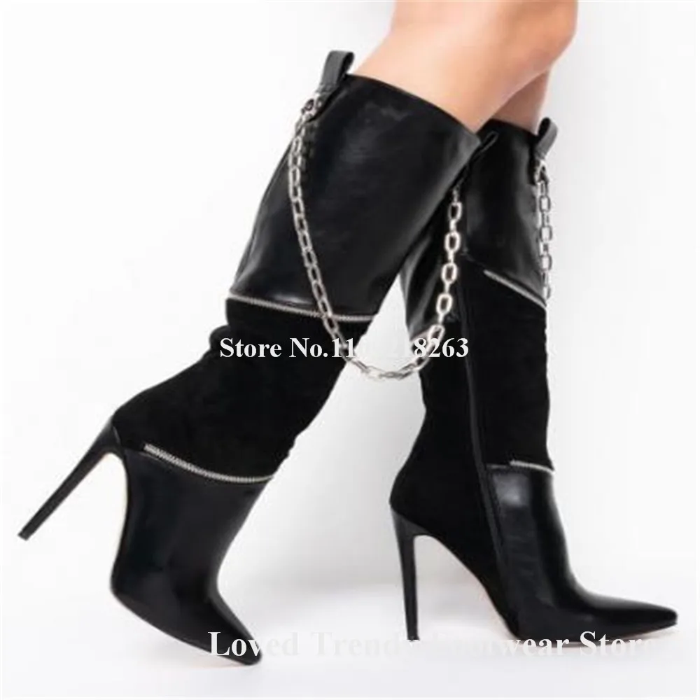 Charming Metal Chains Decorated Thin Heel Long Boots Pointed Toe Black Suede Leather Patchwork Stiletto Heel Long Boots