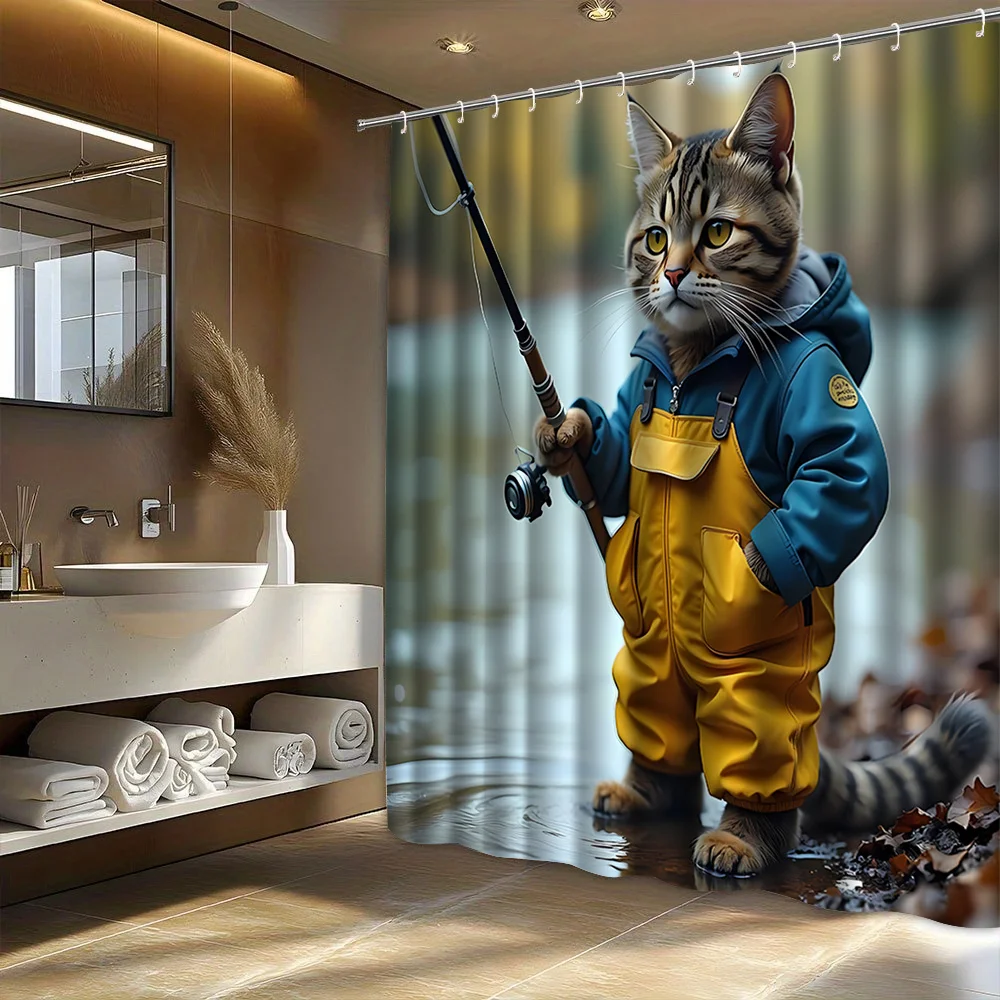 Funny Fishing Cat Shower Curtain Cute Tabby in Yellow Overalls & Blue Jacket Print Waterproof Bathroom Decor Pet Lover Home Bath