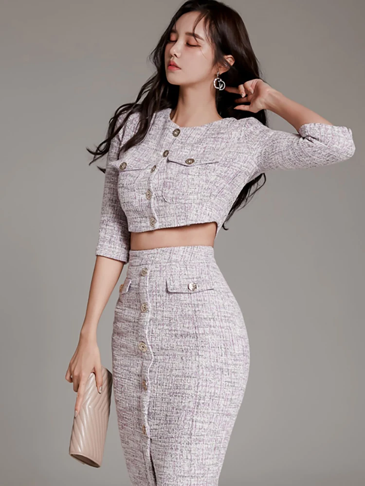 Summer Autumn Casual Fashion Half Sleeve Short Single-breasted Cardigans Jacket + High Waist Midi Skirt Women's Two Piece Set