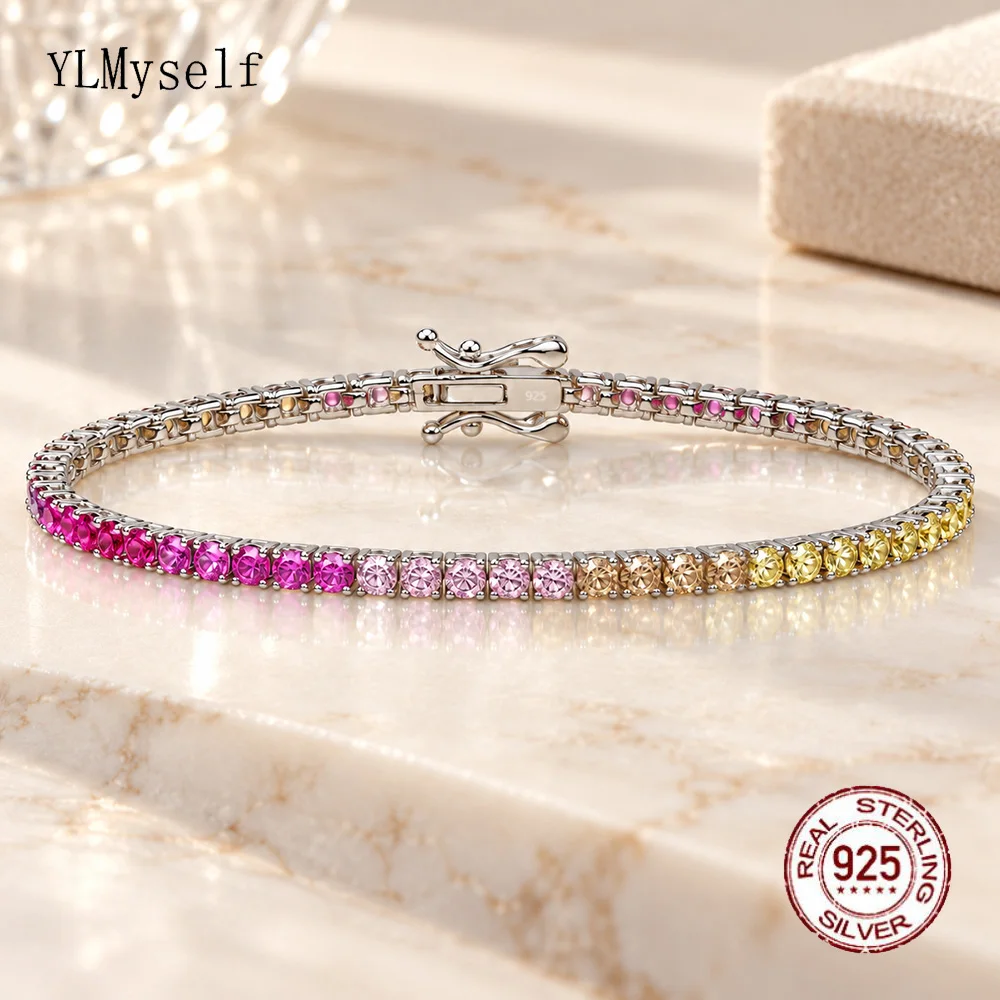 YLMyself Tennis Bracelet 925 Sterling Silver 2mm Rainbow Colorful CZ Pretty Women 15-18CM