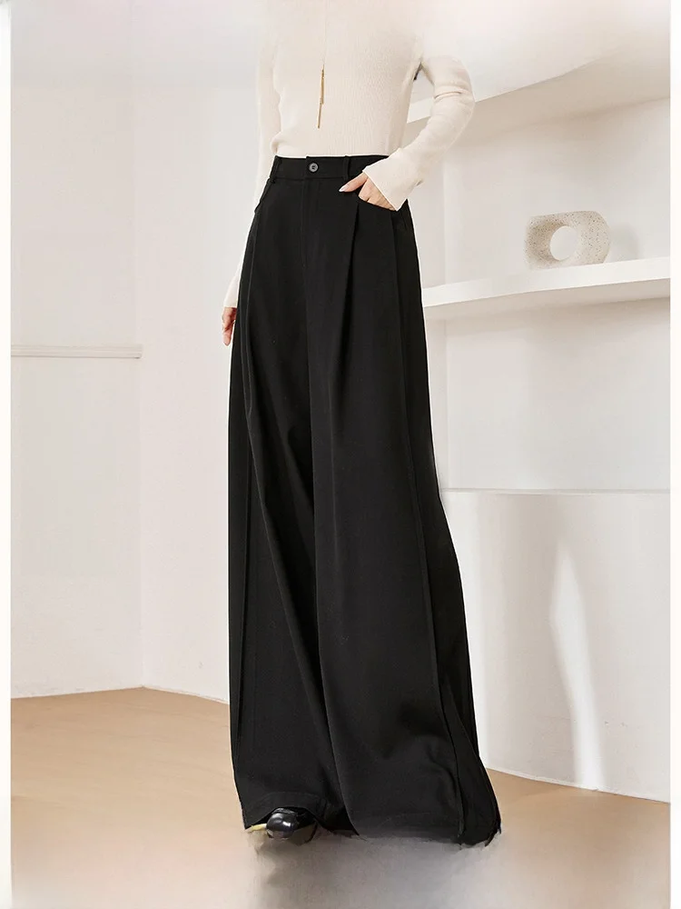 

Elegant Black Wide Leg Suit Pants for Women Spring New Style Drape Loose Straight Casual Trousers Atmosphere
