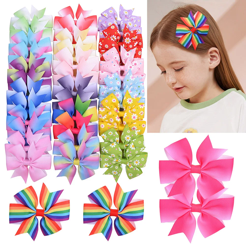 

3.2 Inches Grosgrain Ribbon Boutique Gradient Color Hair Bows With Clip for Girl Kids Handmade Pinwheel Rainbows Bow Accessories