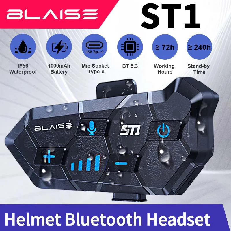 ST1 Motorcycle Helmet Bluetooth Headset 2000Mah Super Long Standby Wireless Hands-free Waterproof Motorbike Earphone