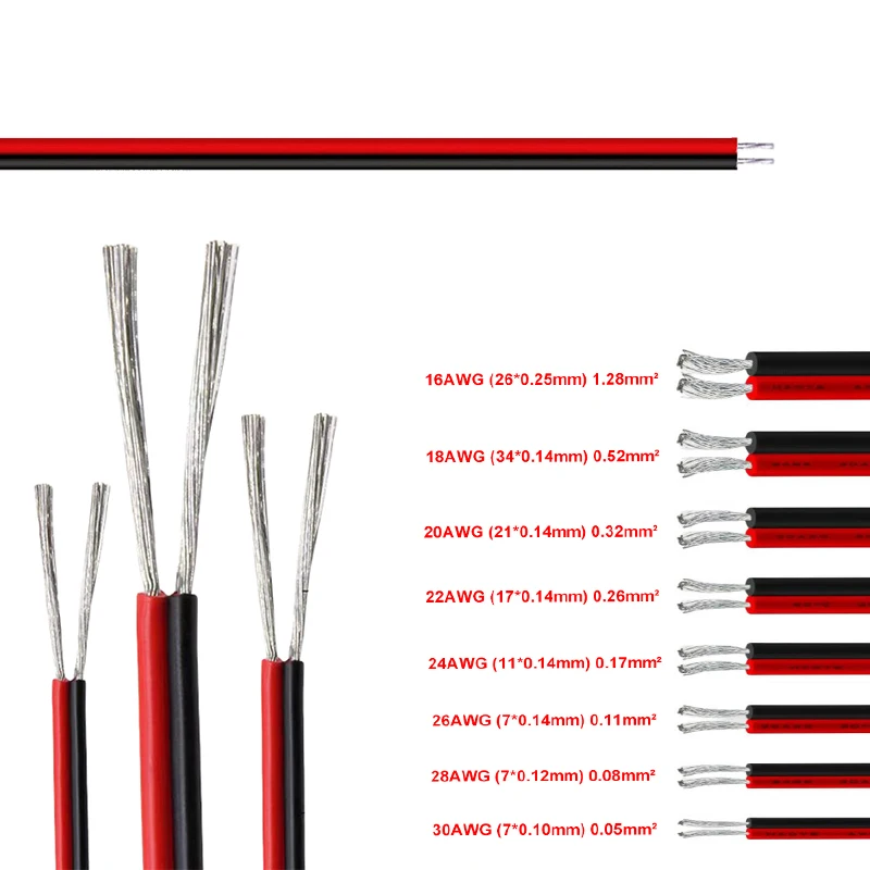 2-pin red and black PVC or silicone extension cable 28awg 26awg 24awg 22awg 20awg 18awg 16awg Tinned copper domestic wire