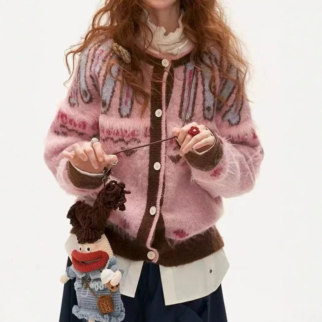 

Women Knitted Cardigan Sweaters Spliced Jumpers Color Blocked O Neck Long Sleeve Single Breasted Loose Casual Autumn Winter 2025