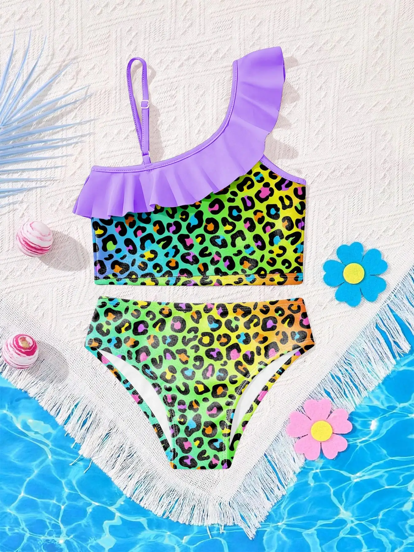 Girls' Summer Casual Swimwear Children's Green Polka Dot Leopard Print Swimsuit Set, Girls' One-Shoulder Purple Ruffle Design Trendy Top + Pants Two-Piece Set Suitable for Girls over 3 Years Old, Pool Beach Clothing