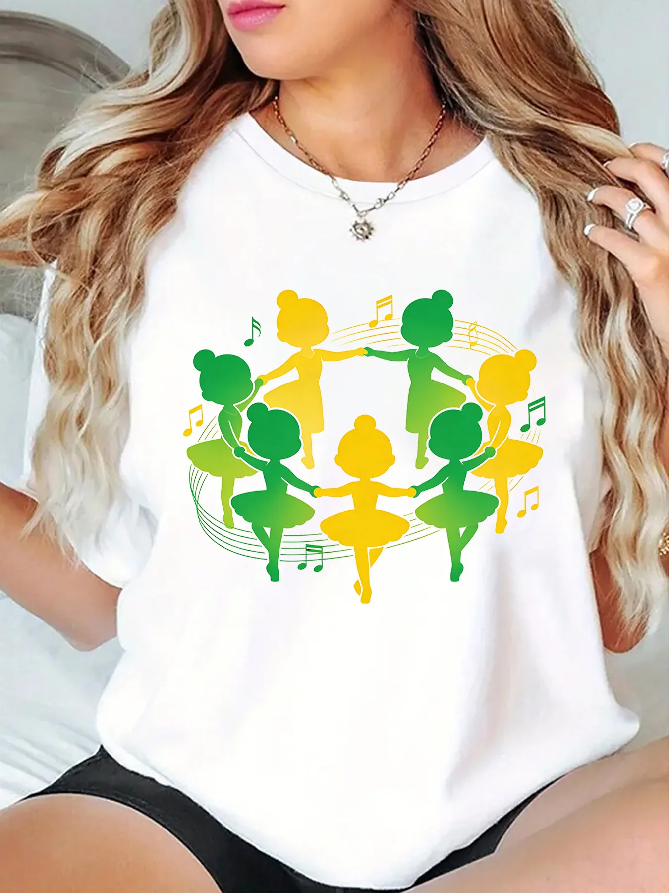 Ballet Dancers Silhouette Music Note Green Yellow Art Graphic Womens T Shirt Short Sleeve Crew Neck Daily Casual Ladies Tee Tops