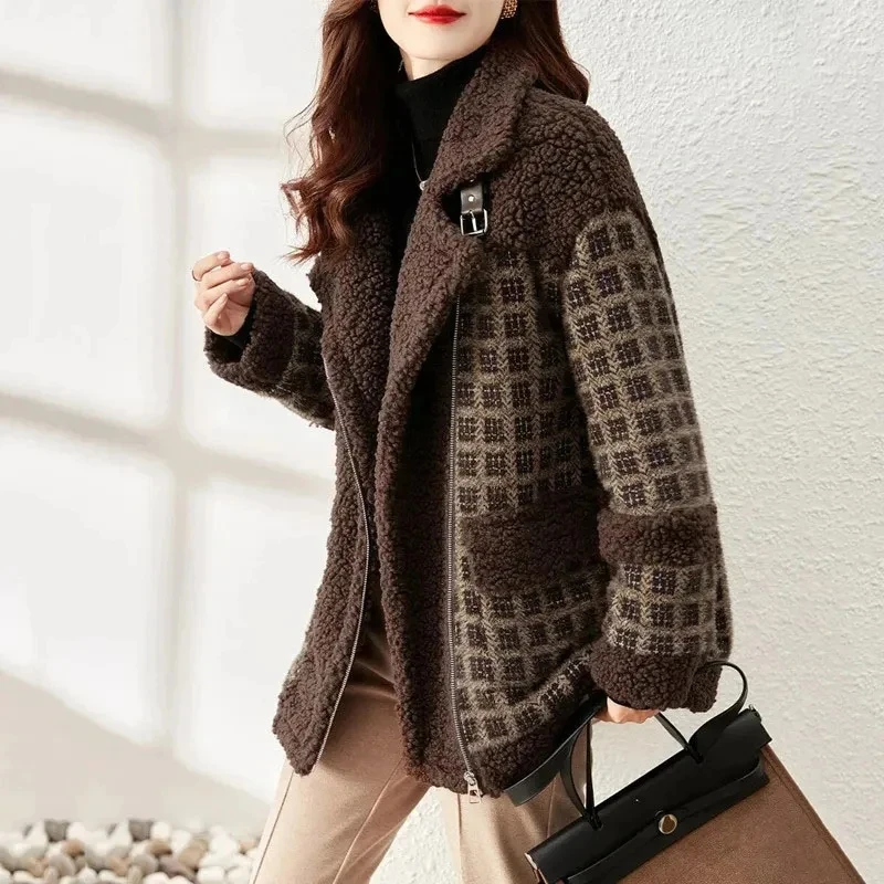 Autumn Winter Woolen Coat 2024 New Fashion Grain Fleece Warm Women's Cotton Coat Brown Zipper Outerwear Windbreaker Female