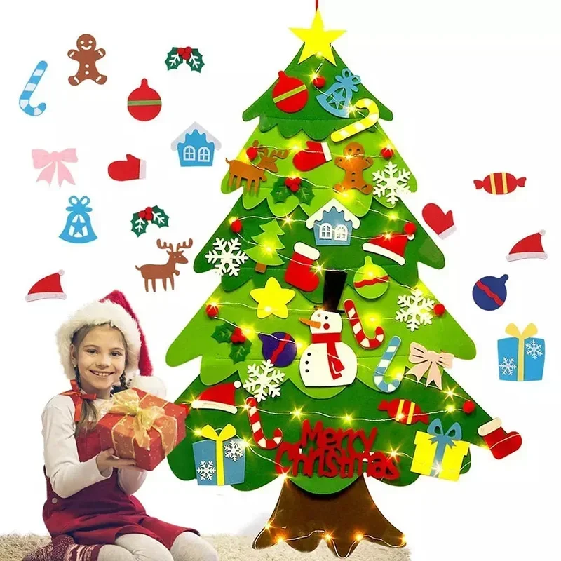 

Home Decoration DIY Felt Christmas Tree Wall Hanging Artificial Xmas Tree with Santa Claus Snowflakes Ornament New Year Kid Gift