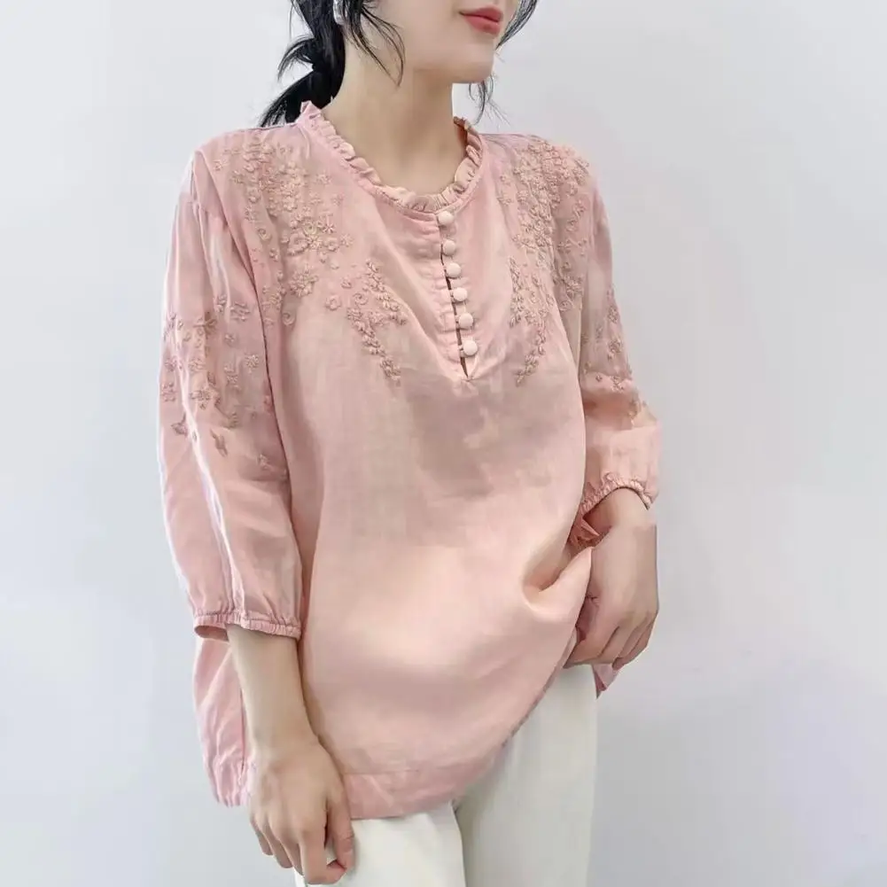 Summer Vintage Shirts Elegant OL Work Blouse Women O-neck Buttons Neckline Half Sleeve Shirt Tops Loose Fit Shirt