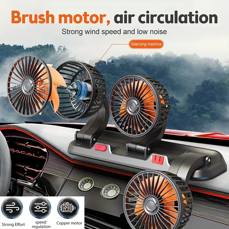 Autoventilator 360° ° Einstellbarer 3-Kopf-Luftventilator, elektrischer Kfz-Ventilator, USB/12 V/24 V, 2 Geschwindigkeiten, leiser Auto-Ventilator für Zuhause, Schreibtisch, Büro und Auto
