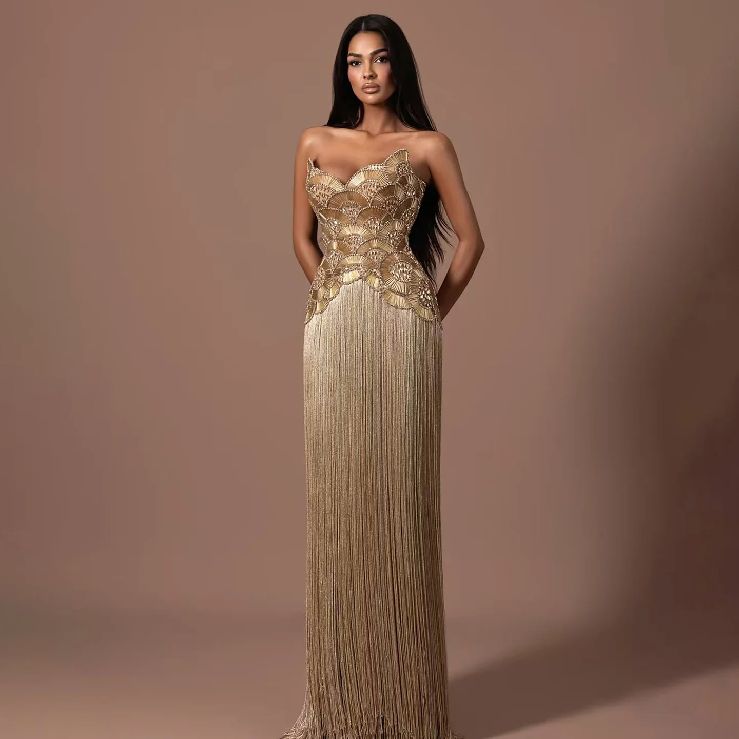 tassel formal dress Serene Hill 2026 Luxury Gold Strapless Fringe Evening Dresses Heavy Beaded Column Party Gowns LA73748 Customized vz:womens