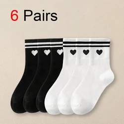 6 Pairs Women Two Tone Striped Pattern Socks Creative Fashionable Versatile Breathable Socks Moisture Wicking Mid Length Socks