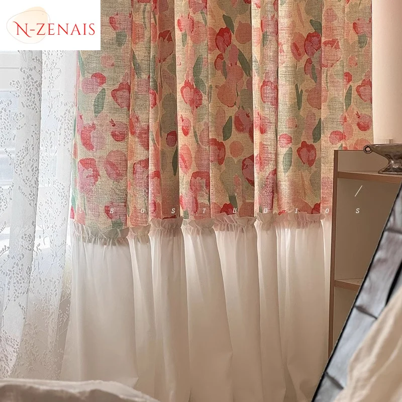 Fresh Dopamine Children's Girl's Bedroom Bay Window Tulip Print Splicing Half Cloth Half Gauze Curtain Custom Size Luxury