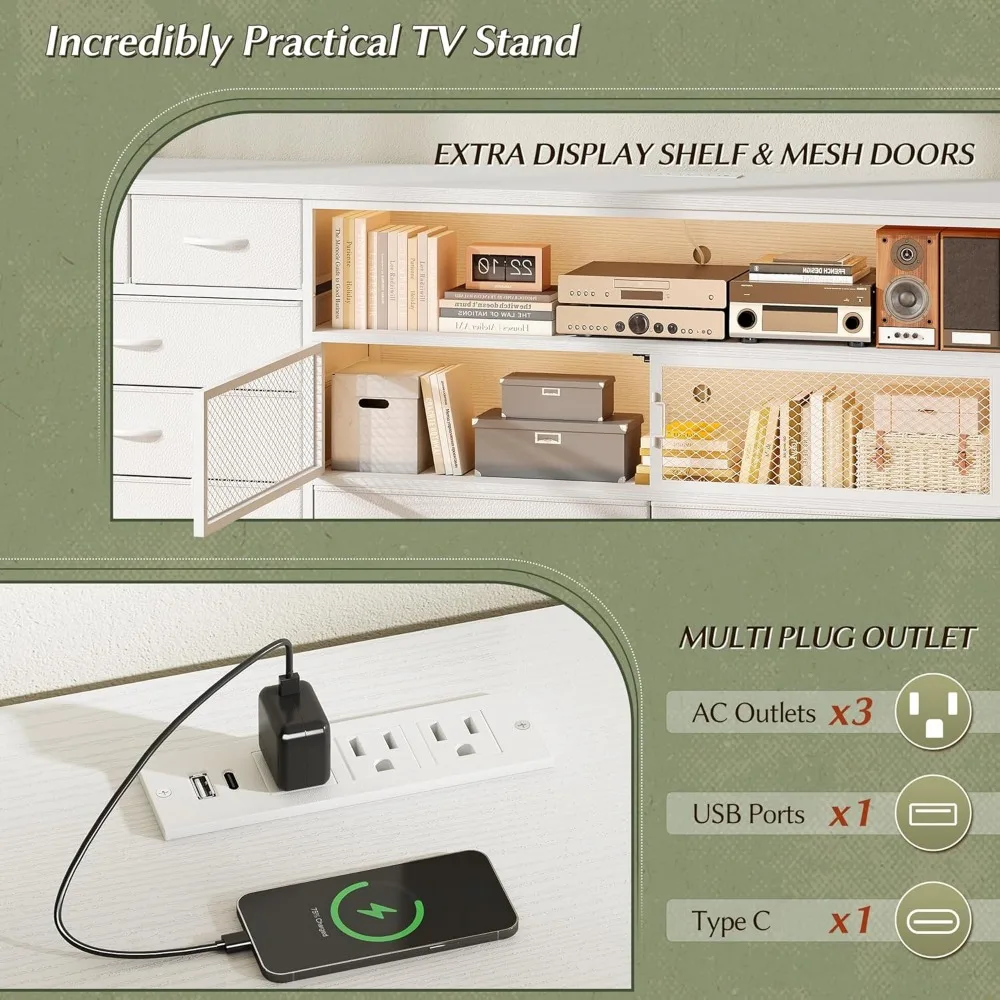 LED TV Stand for 85/80/75 Inch TVs with Charging Station, Sturdy Bedroom Dresser with 12 Fabric Drawers