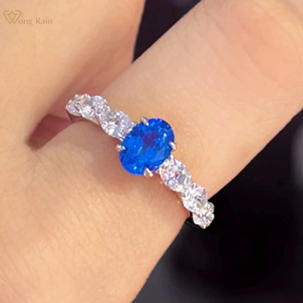 

Wong Rain Pass Test 925 Sterling Silver Oval Cut 5*7 MM Emerald Sapphire Paraiba Gemstone Wedding Engagement Rings Fine Jewelry