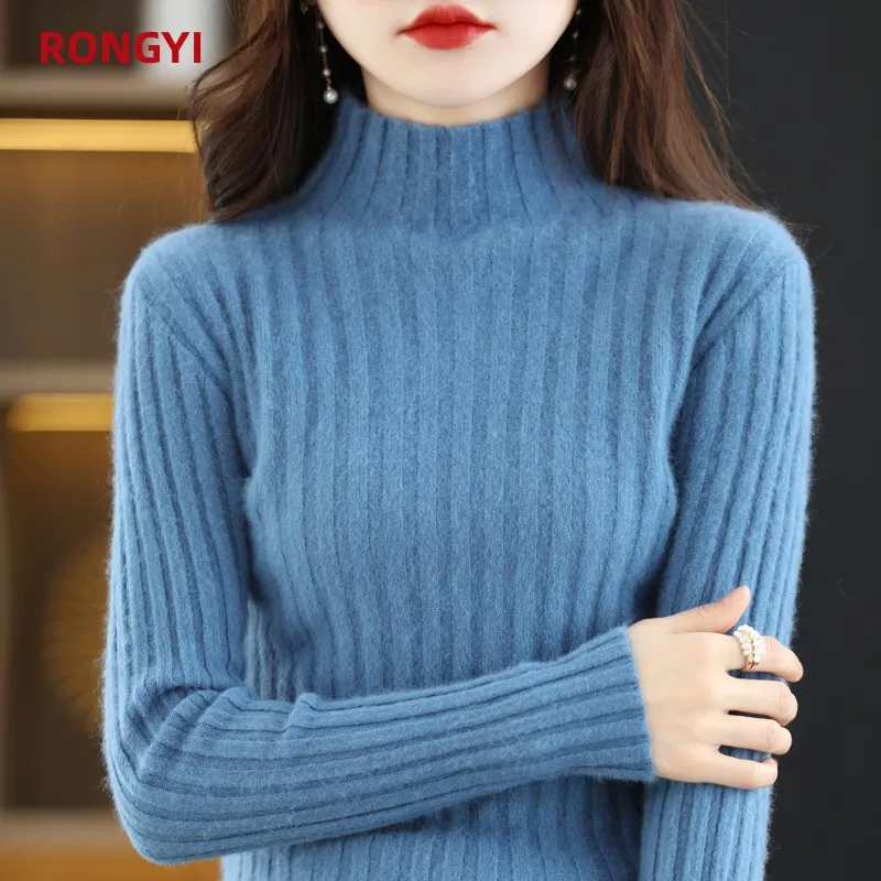 

RONGYI Women's Half Turtleneck Jumper 100% Mink Cashmere Sweater Slim Knit Pullover Autumn/Winter Thick Super Warm With Top