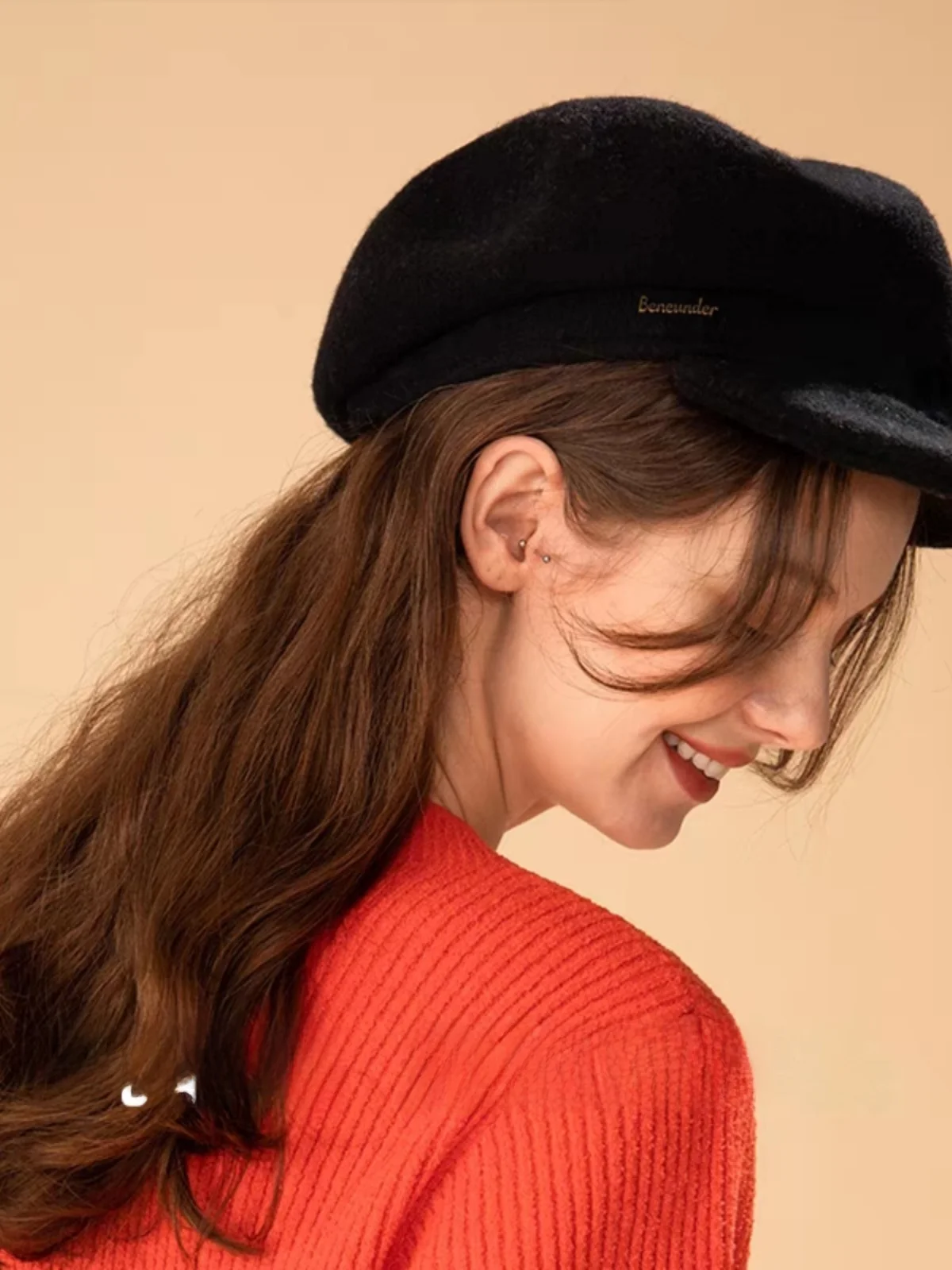 Autumn Spring Knitted Beret Hat Women's Large Head Circumference Painter Octagonal Cap Japanese Style Knit Newsboy Cap