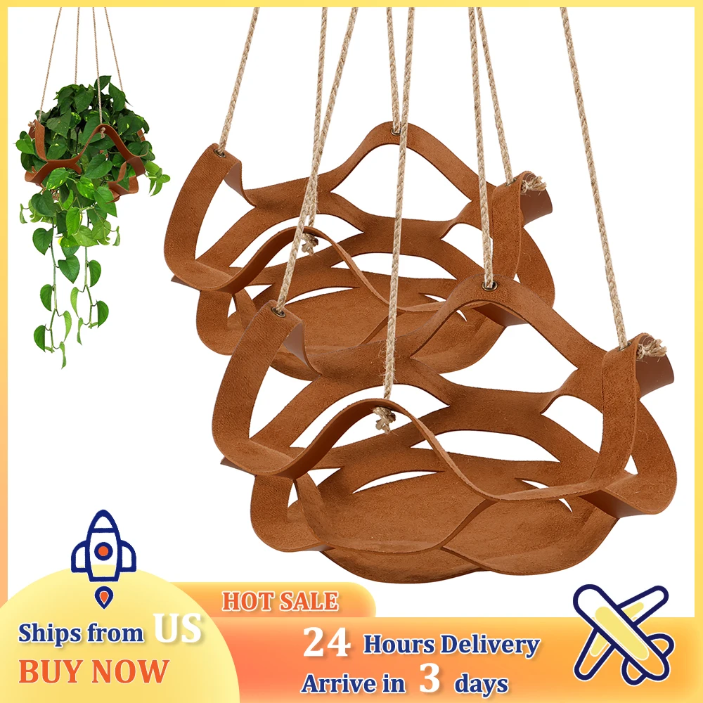 2Pcs Hanging Basket 9/12Inch PU Leather Flower Pot Hanger Garden Hanging Planter Display Rack Set for Indoor Outdoor Home Decor