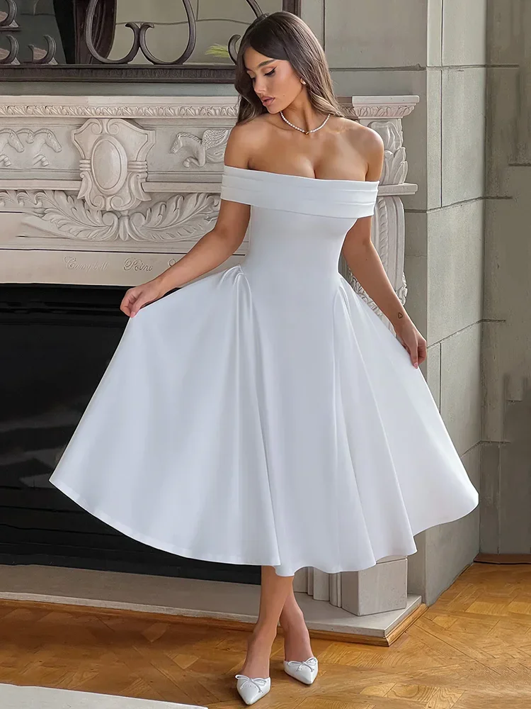 

LangMao Off-shoulder Backless Sexy Midi Dress For Women Fashion Solid Strapless Sleeveless A-line Loose Pleated Long Dress