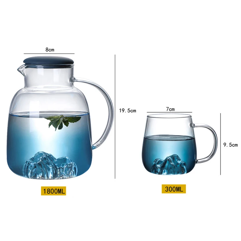 1800ml Glass Cold Water bottle With Handle Fruit Tea Cup Kettle Mountain Design High temperature heatable Jug Gradient Color