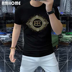 Men's Short-sleeved T-shirt New Heavy Craft Letter Black Tees Cotton Slim Male Printed Top Fashion Design Luxury Man Clothing