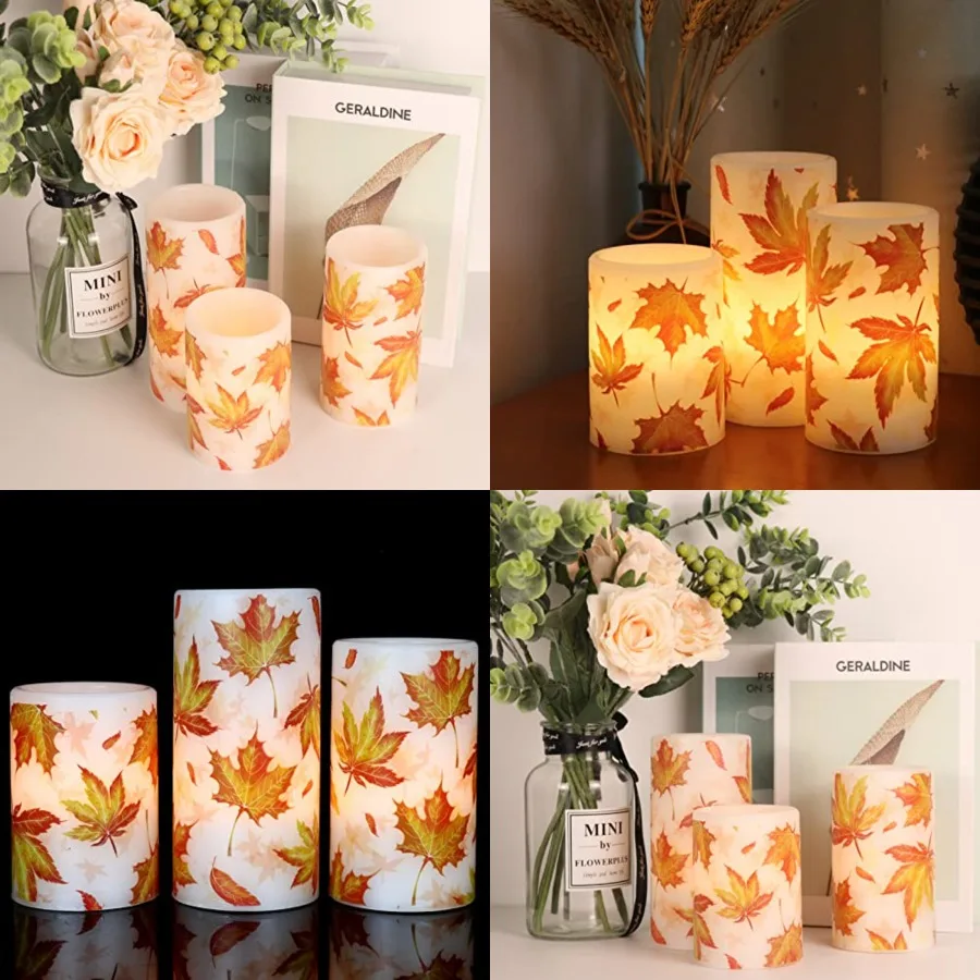 

Maple Leaf Flickering Flameless Candles Battery Operated with 6 Hours Timer, Real Wax Led Pillar LED Candles Christms Wedding D