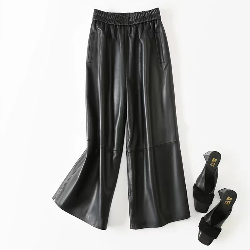 M-4XL Sheepskin Pants for Women 2026 Fall Casual Loose Straight Ankle-length Pants Female Elastic Waist Real Leather Trousers