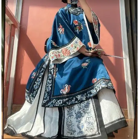 

Original China Heavy Industry Cos Embroidery Printed Tops Antique Style Clothes Blue Late Qing And Han Cloaks Outerwear Dress