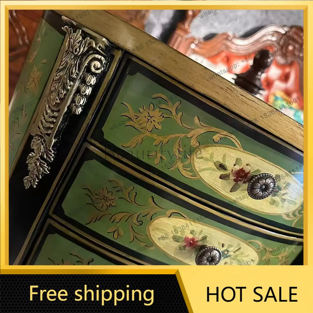LD new Chinese American retro hand-painted three-bucket cabinet small round coffee table