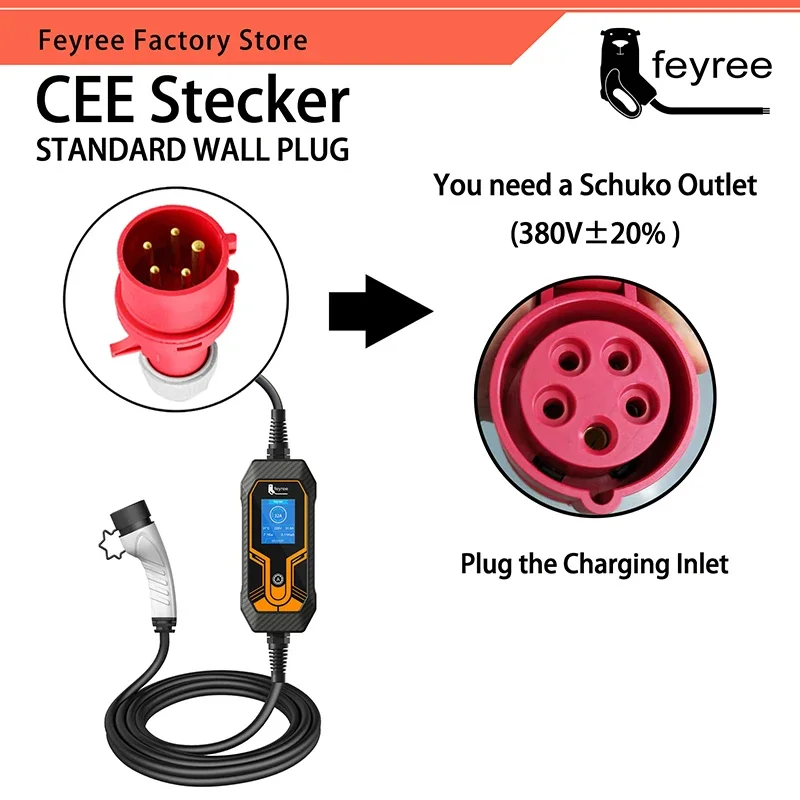 Feyree-cargador portátil EV de 11KW, 16A, 3 fases, tipo 2, Cable de 5M, caja de carga EVSE, cargador de coche eléctrico, enchufe CEE para vehículo