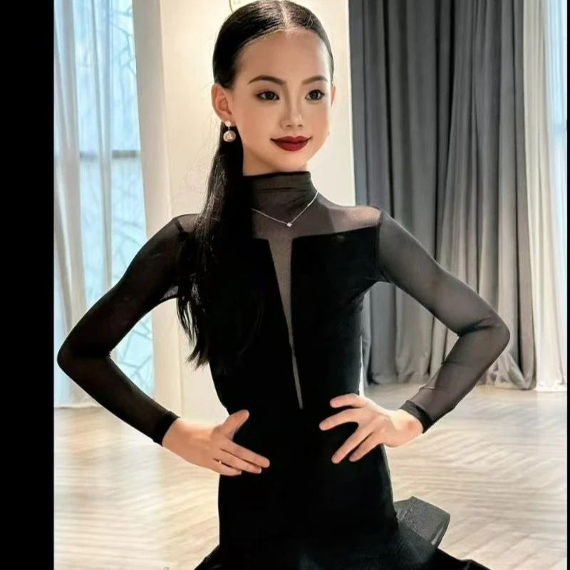 أسود اللاتينية الرقص فستان محكم من عند الصدر ويتدلى بشكل واسع للفتيات عالية الرقبة طويلة الأكمام شبكة 2 قطعة تنورة Chird تشا تشا رومبا أداء التدريب زي #2